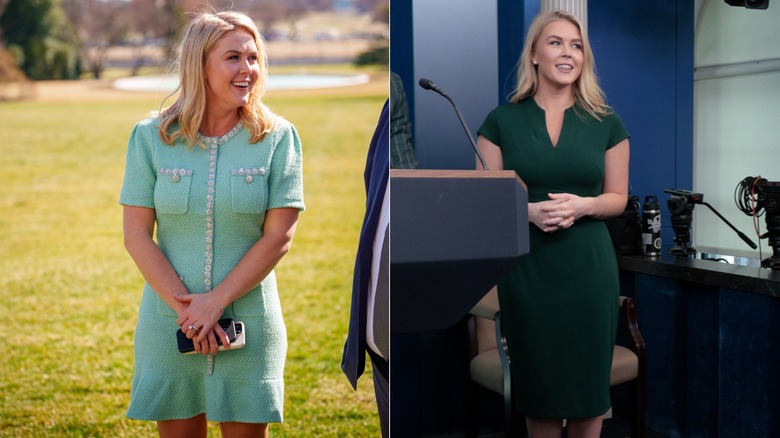 Karoline Leavitt in a green tweed jacket at a White House press conference & Karoline Leavitt wearing an emerald green dress walking to the podium for a White House press conference