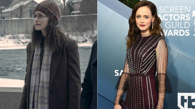 Alexis Bledel in The Handmaid's Tale; on red carpet in sequin-striped burgundy dress