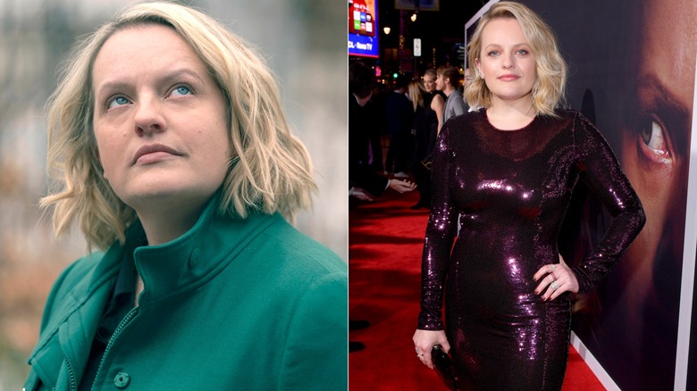 Elisabeth Moss in The Handmaid's Tale; on red carpet in tight plum sequin dress