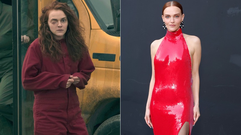 Madeline Brewer in The Handmaid's Tale; on red carpet wearing sequined red drss