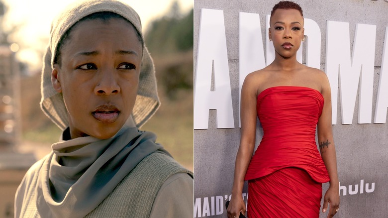Samira Wiley in The Handmaid's Tale; on red carpet wearing textured red dress