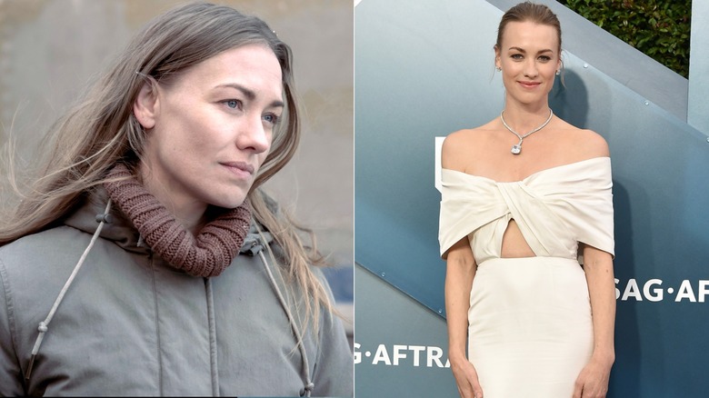 Yvonne Strahovski in The Handmaid's Tale; on red carpet in shoulder-baring white gown