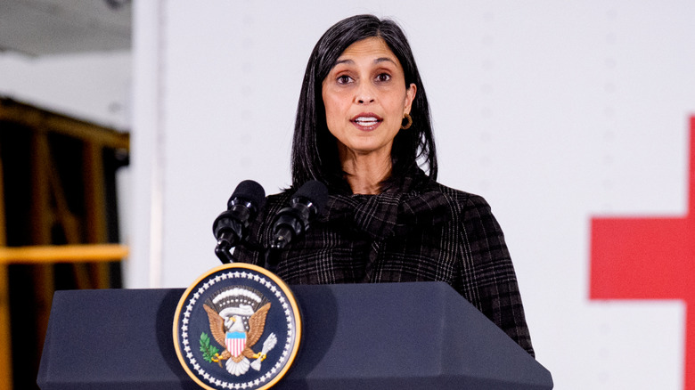 Usha Vance speaking at an military base in December 2025
