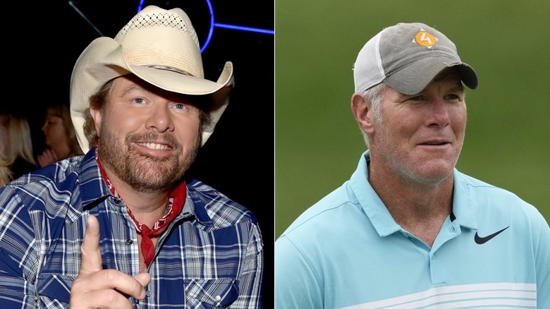 Toby Keith (L) and Brett Favre (R) smiling