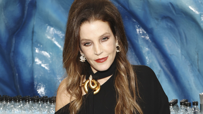 Lisa Marie pose blue background