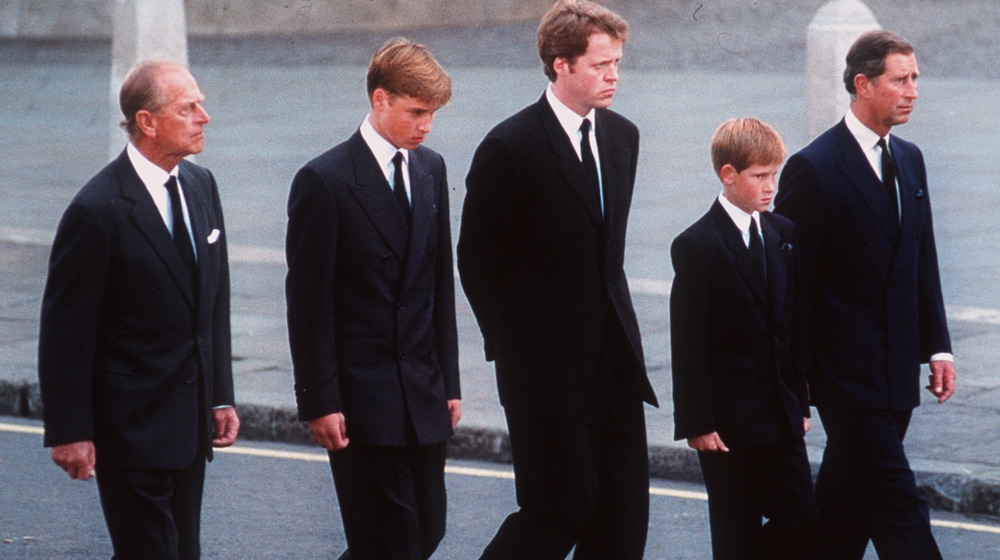 Prince Philip, Prince Harry, Prince William, Prince Charles at Princess Diana's funeral