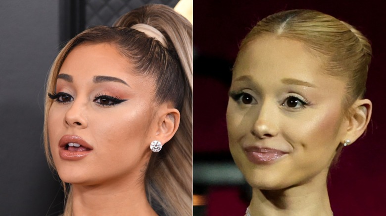 Ariana Grande in gray ball gown and pony tail and Ariana Grande in brown gown and a low bun unsmiling