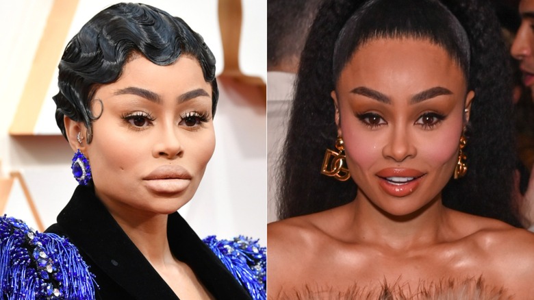 Blac Chyna in red sparkly gown and hair down and Blac Chyna in black strapless top with fur and hair up