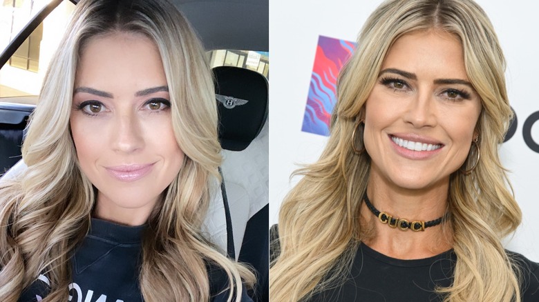 Christina Haack selfie with black shirt and closed mouth smile and Christina Haack with black shirt and Gucci necklace with open mouth smile