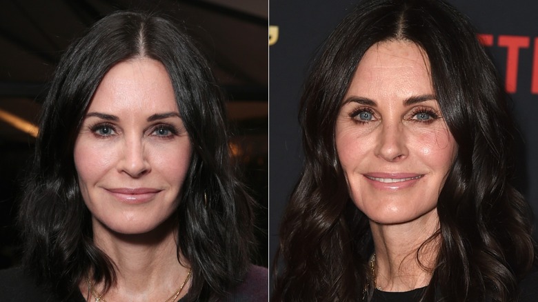 Courteney Cox in black top with long hair and Courteney Cox in white top and shorter hair