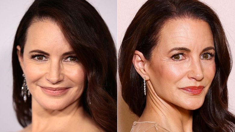 Kristin Davis in white puffy sleeved blouse and Kristin Davis in blue coat with pink sweater