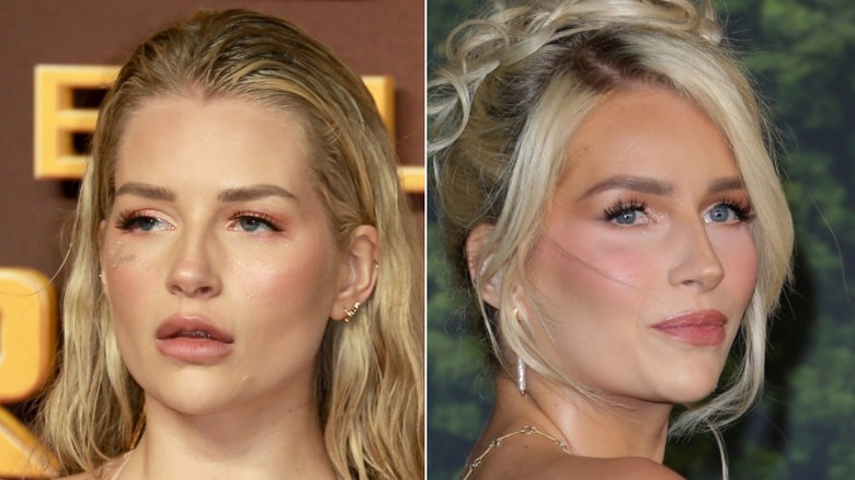 Lottie Moss in black dress with straight hair and Lottie Moss in pink cami and long wavy hair
