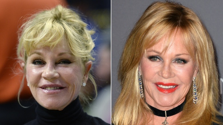 Melanie Griffith in black top with bangs and long hair and Melanie Griffith with short hair in cream top and pearls