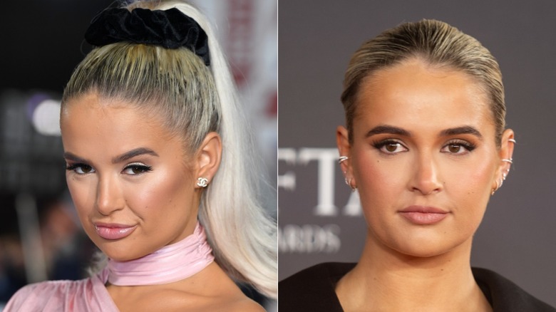 Molly-Mae Hague in pink with black scrunchie in blonde ponytail and Molly-Mae Hague in black jacket with hair slicked back