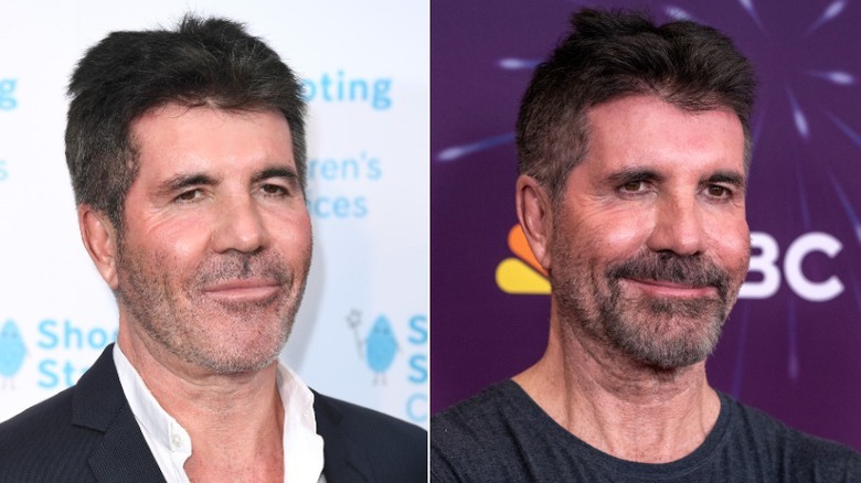 Simon Cowell in blue shirt with scruffy beard and Simon Cowell in black shirt and sunglasses
