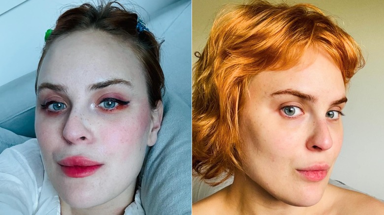 Tallulah Willis with dark hair and red lips and Tallulah Willis with no makeup and orange hair