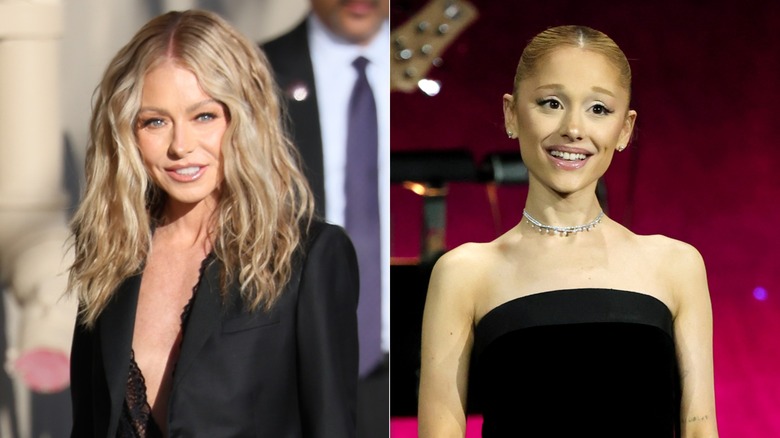 Split screen of Kelly Ripa (L) and Ariana Grande (R) smiling