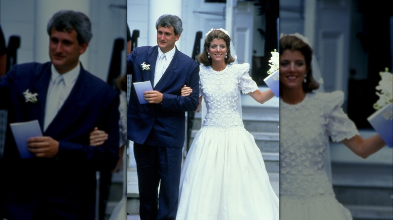 (l-r): Edwin A. Schlossberg and Caroline Bouvier Kennedy walking and waving on their wedding day