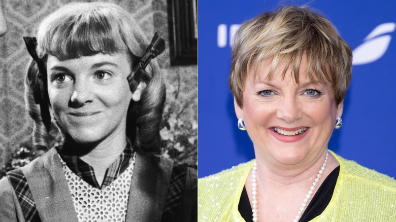 Alison Arngrim in "Little House on the Prairie" on the left and in 2024 on the right