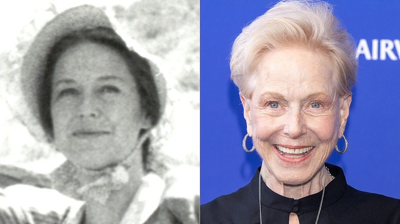 Karen Grassle as Caroline Ingalls in "Little House on the Prairie" on the left and her in 2024 on the right