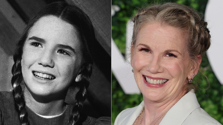 Melissa Gilbert  in "Little House on the Prairie" on the left and her in 2025 on the right with braided updo