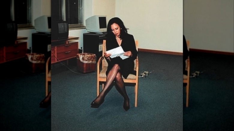 Kamala Harris sitting in a dress and tights in a throwback photo