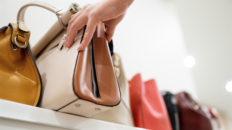 woman choosing handbag from a row