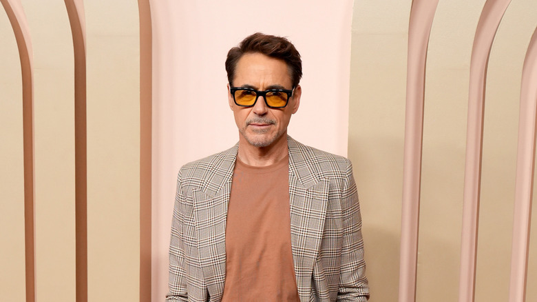 Robert Downey Jr. posing in front of a striped background