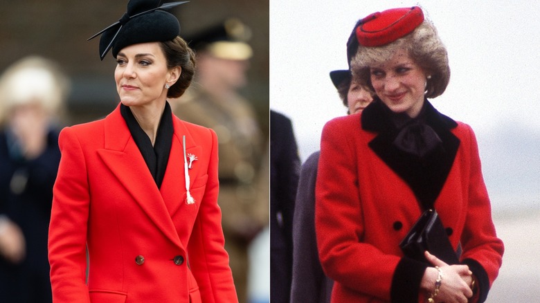 Split image of Kate Middleton looking serious, Princess Diana smiling