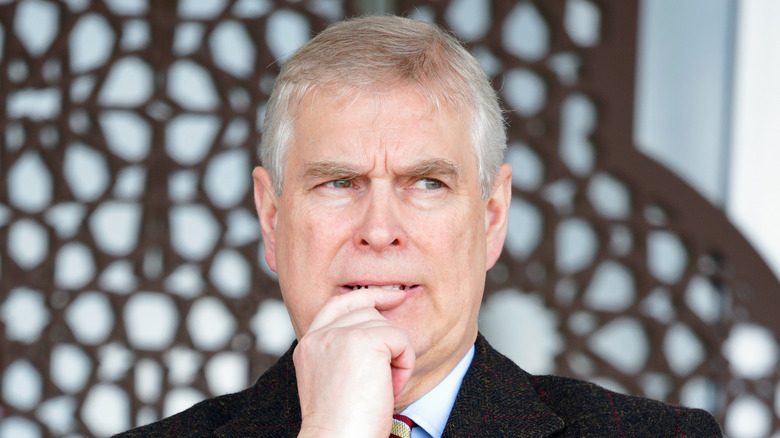 Prince Andrew looking pensive and holding his hand to his mouth