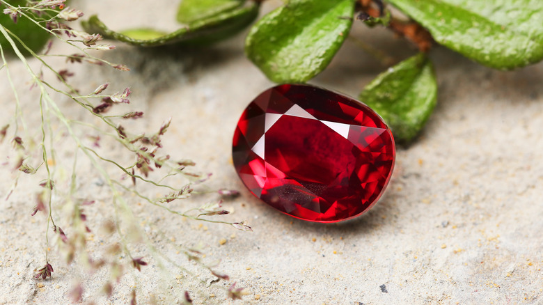 A ruby with a nature background.