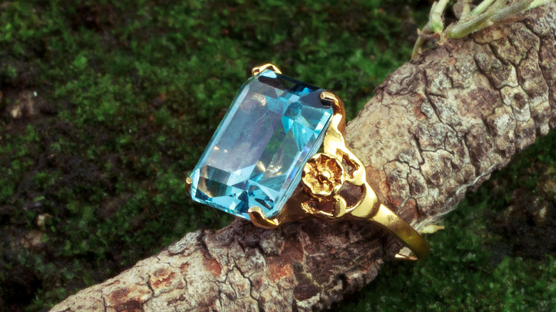 Aquamarine ring on a branch. 