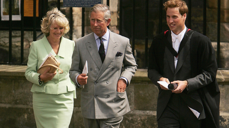 Queen Camilla walking behind King Charles and Prince William