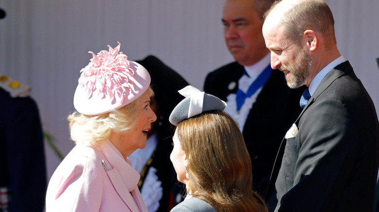 Queen Camilla and Prince William smiling and chatting in 2026