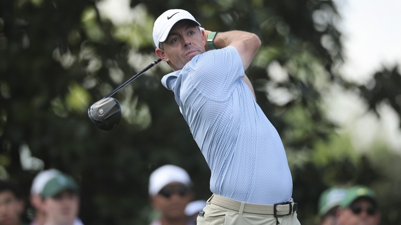 Rory McIlroy taking a swing at the 2026 Masters