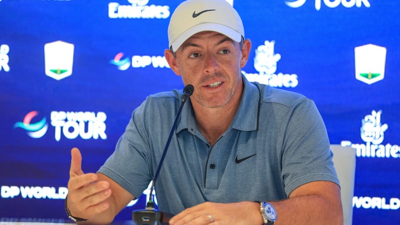 Rory McIlroy talks to the press