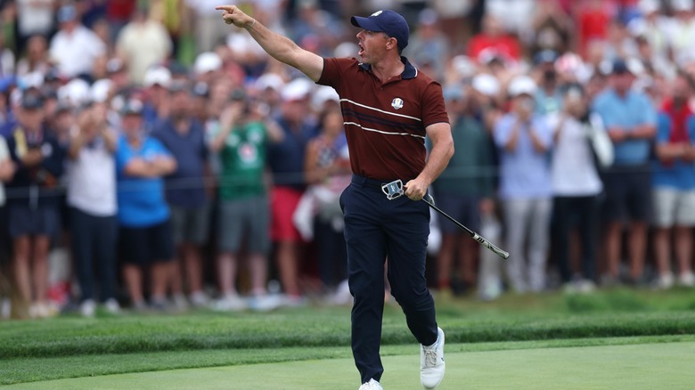 Rory McIlroy yells at the fans at the Ryder Cup