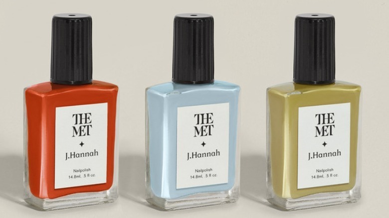 The MET and J.Hannah's nail polish collaboration consisting of a red, blue, and green nail polish