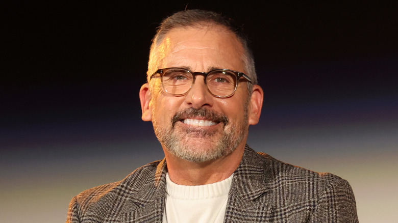Steve Carell in 2026 wearing gray plaid jacket