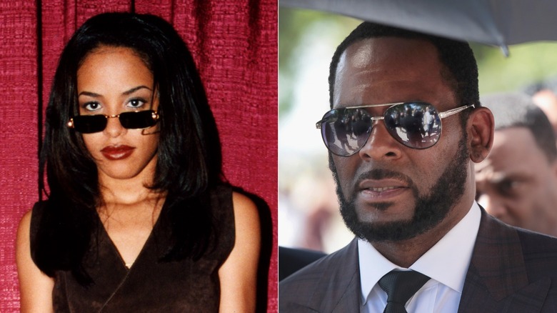 Split image of Aaliyah in 1997 and R. Kelly wearing sunglasses