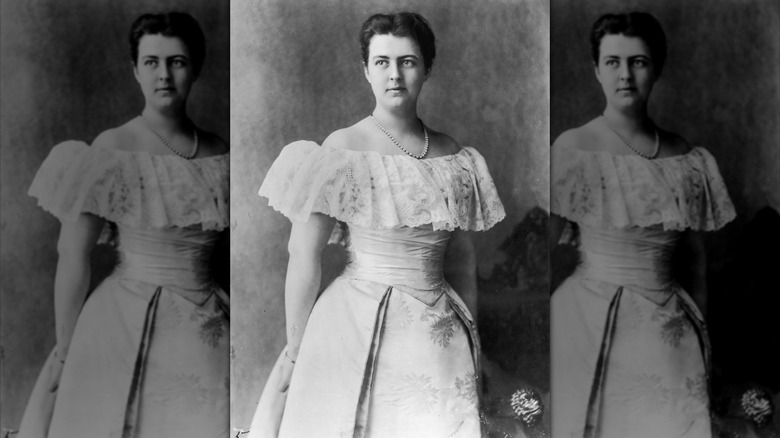 First Lady Frances Cleveland wearing one of her signature shoulder-bearing gowns