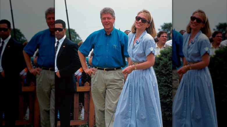 Bill Clinton and Hillary Rodham Clinton in 1992, with Hillary wearing a pale blue and white-striped dress to play golf