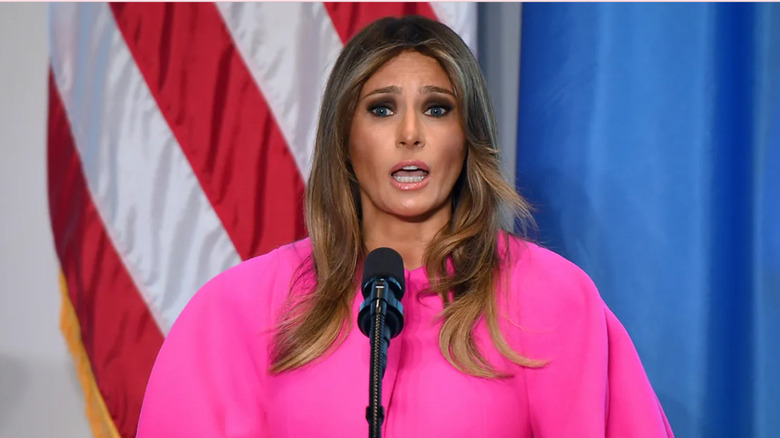U.S. First Lady Melania Trump addresses other spouses of world leaders at a United Nations luncheon on September 20, 2017, in the United States Mission in New York