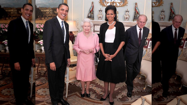 Barack and Michelle Obama pose for a photo with the late Queen Elizabeth II and husband Prince Philip