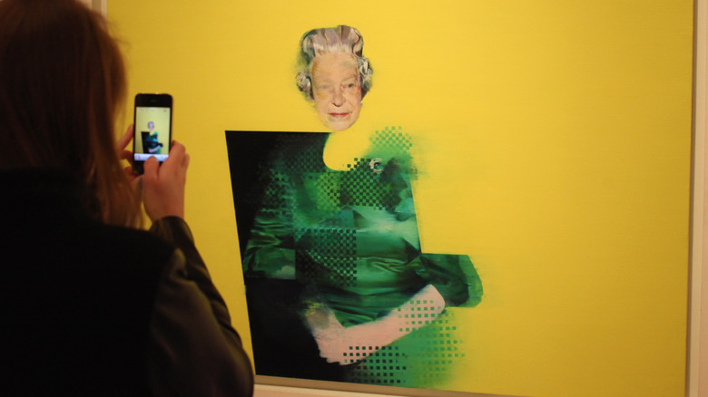 A surrealist portrait of Queen Elizabeth II against a bright yellow background