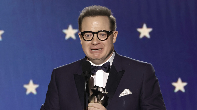 Brendan Fraser delivering a tearful speech while accepting the 2023 Critics Choice award.