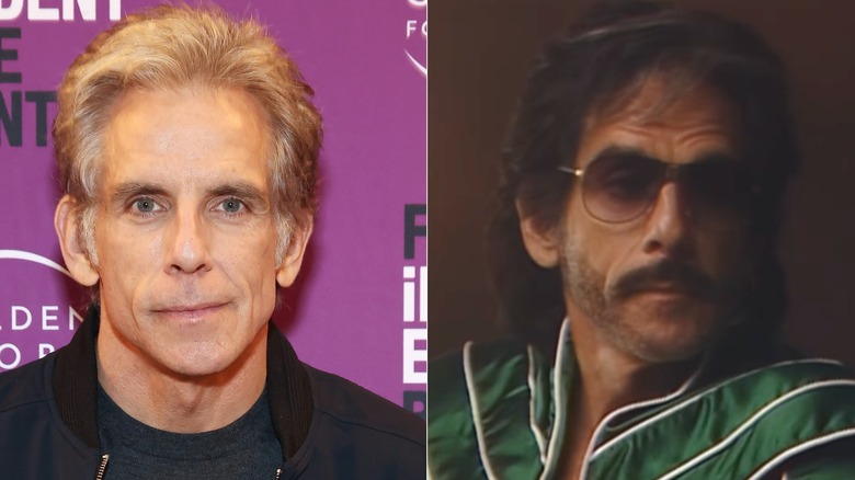 Close up of Ben Stiller with gray hair in black shirt and with black hair, sunglasses, and green jacket.