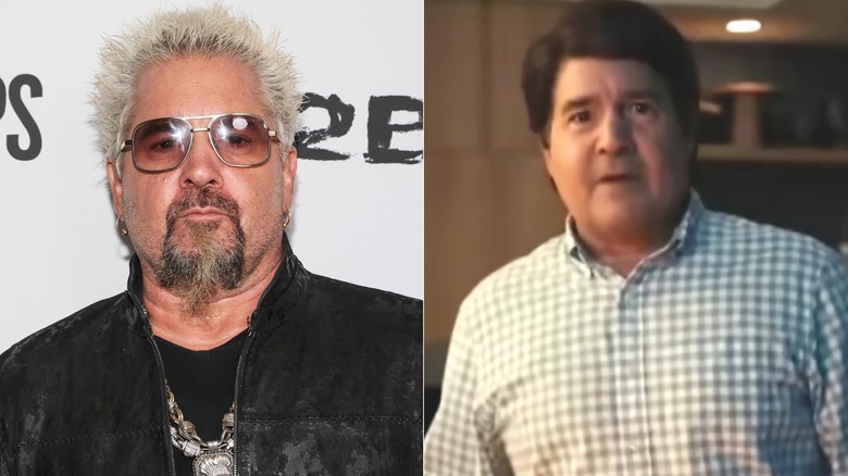 Guy Fieri with spiky blonde hair, beard and sunglasses and with dark hair without beard in checked shirt