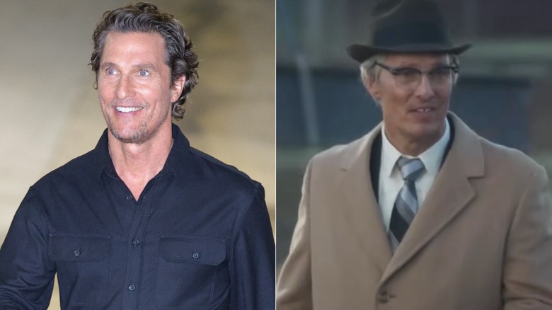 Matthew McConaughey in black shirt smiling and in hat, glasses and tan coat with gray hair.