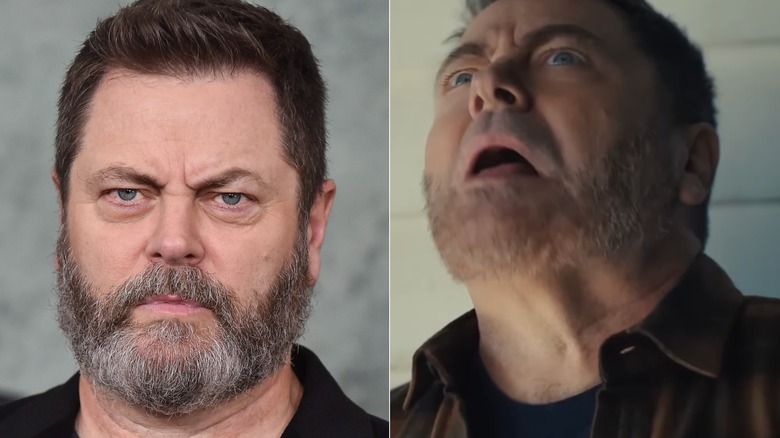 Nick Offerman close up unsmiling with mustache and with mouth open without mustache in brown shirt.